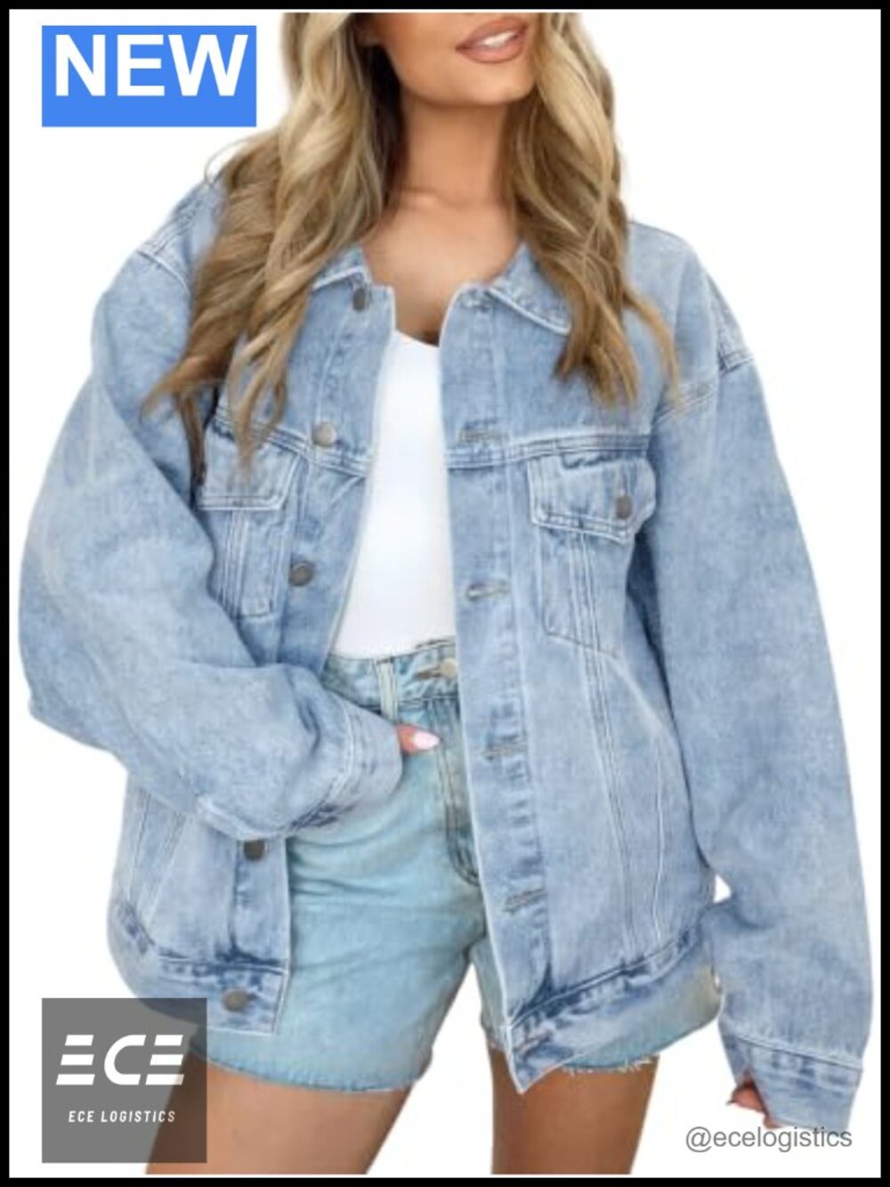 Oversized Button Down Denim Jacket with Chest Pockets Distressed Boyfriend Style